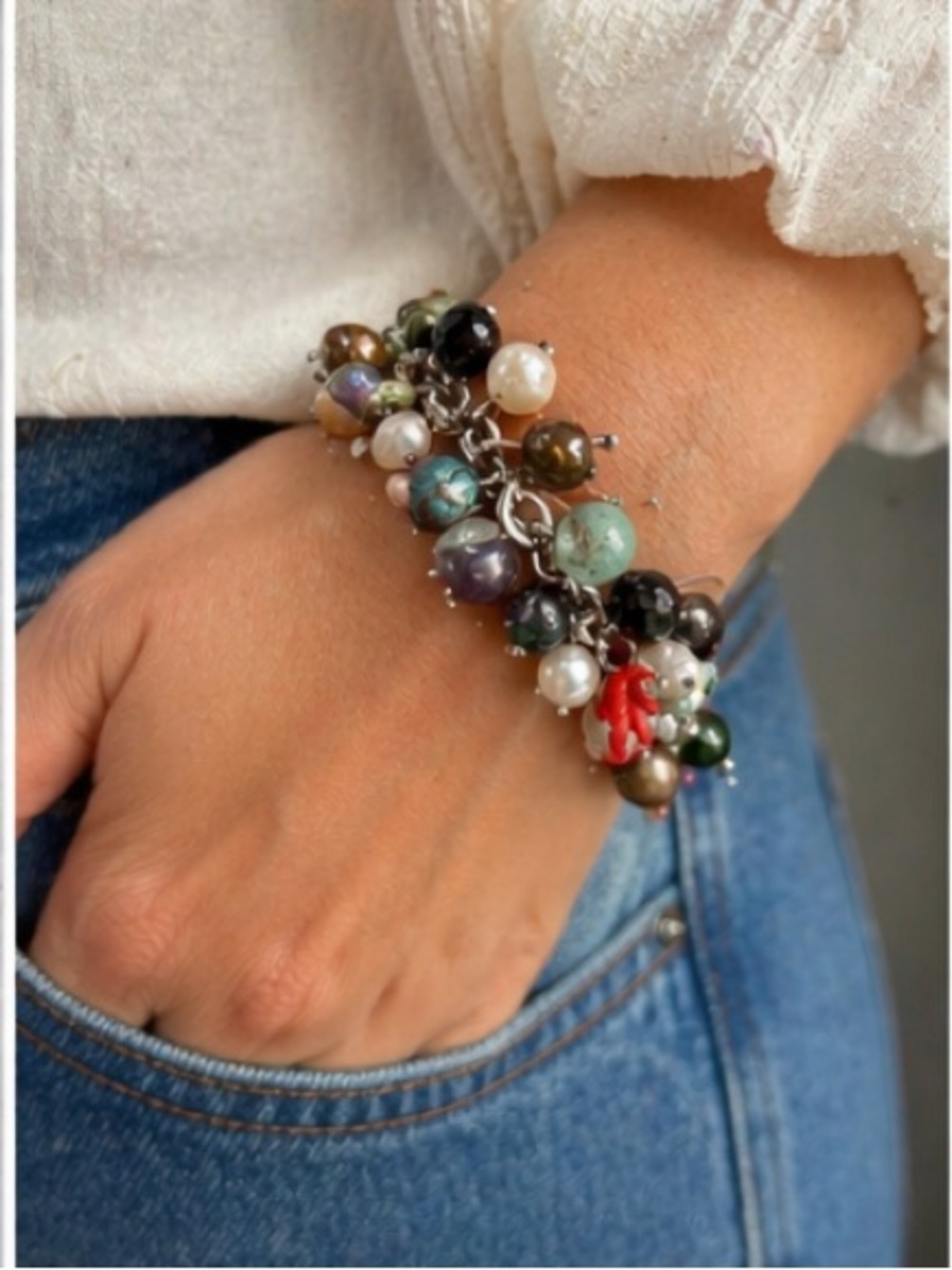 Artisan Pearl & Multi Stone Charm Bracelet 8” Silver Toggle
